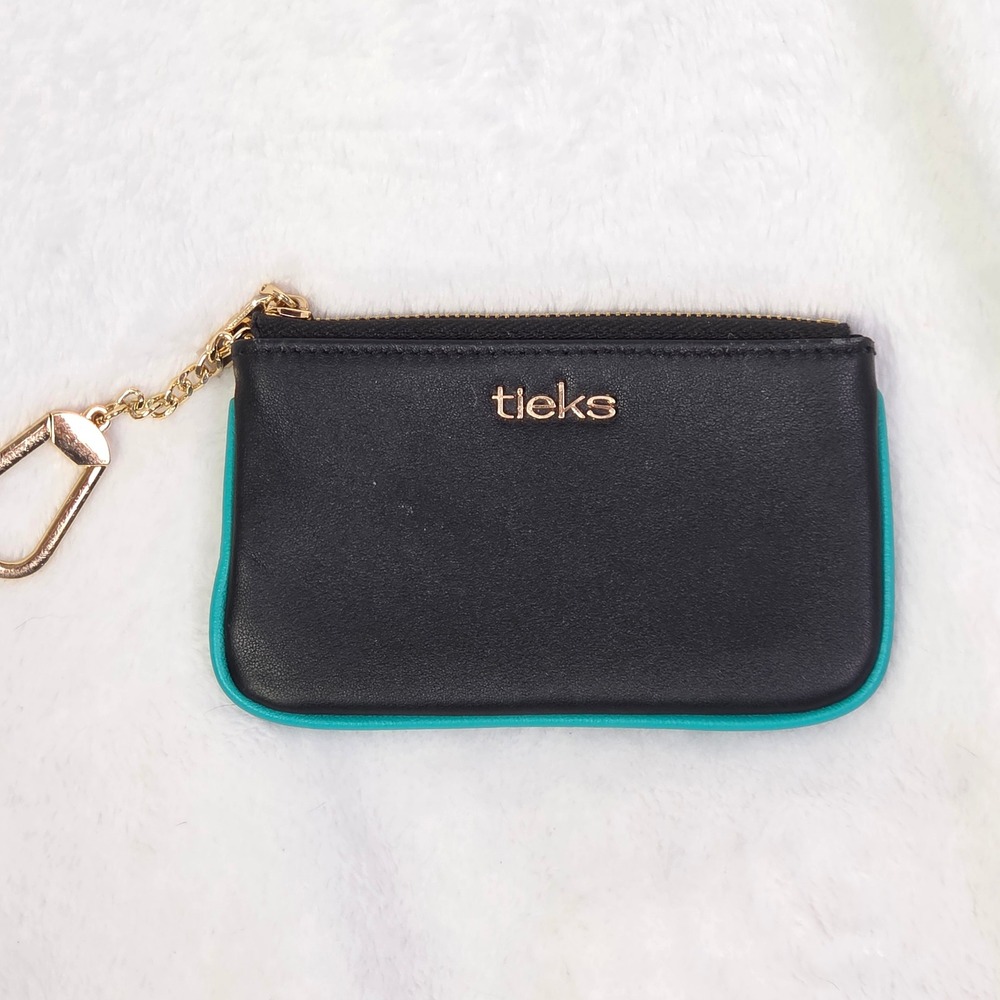 Tieks by Gavrieli Black Leather Coin Purse Keychain Teal Blue Trim Gold